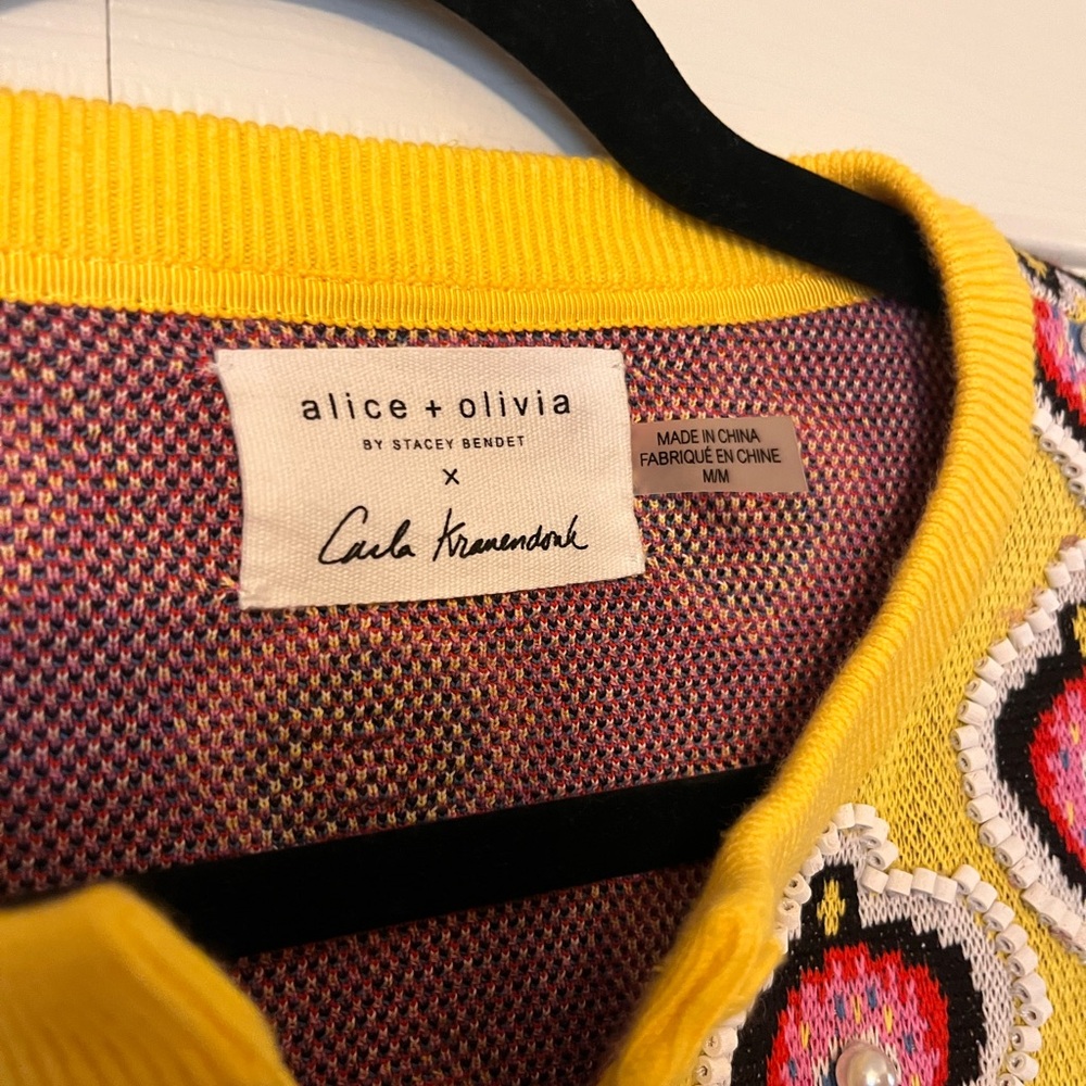 Alice + Olivia Yellow Trim Multicolor Embroidered Knit Cardigan - Picture 2 of 8
